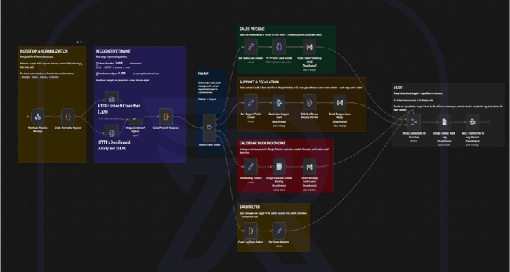 Workflow diagram: inbound messages normalized, classified by intent and sentiment, then routed to sales, support, booking, spam and audit branches.